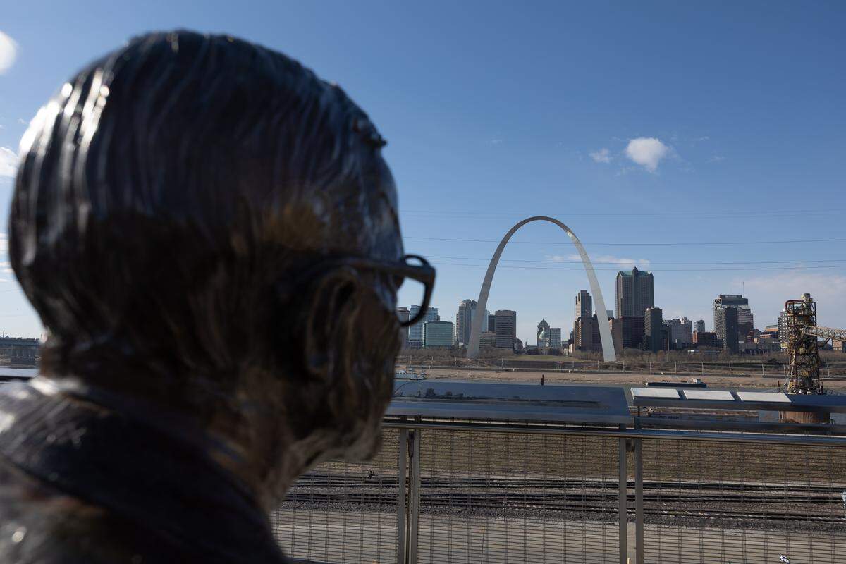 A statue of Malcolm W. Martin looks towards St. Louis from the park named in his honor. Martin gave $5 million upon his death to preserve the park.