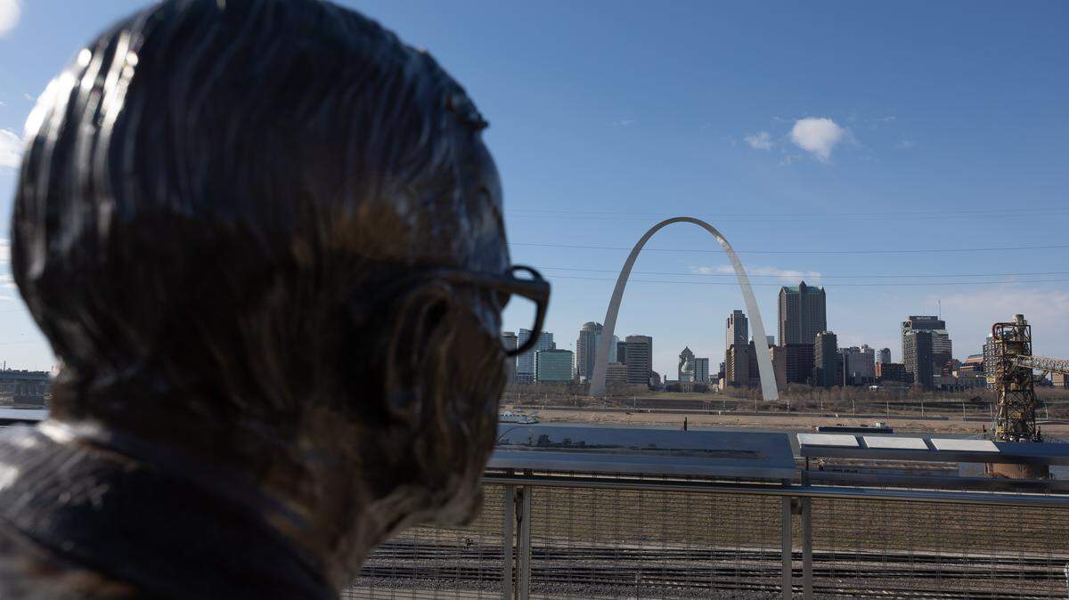 A statue of Malcolm W. Martin looks towards St. Louis from the park named in his honor. Martin gave $5 million upon his death to preserve the park.