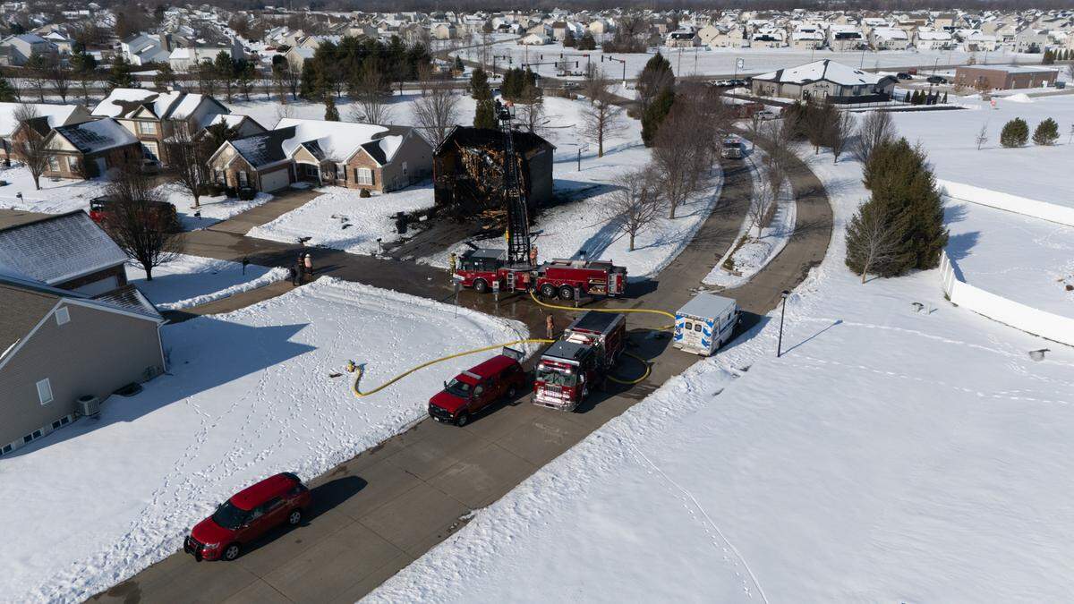 Drone image showing a fire at the end of Shiloh, Ill.’s Chippewa Drive on Jan. 14, 2025. First responders say the fire started in the garage and traveled up the house within minutes of it being reported.