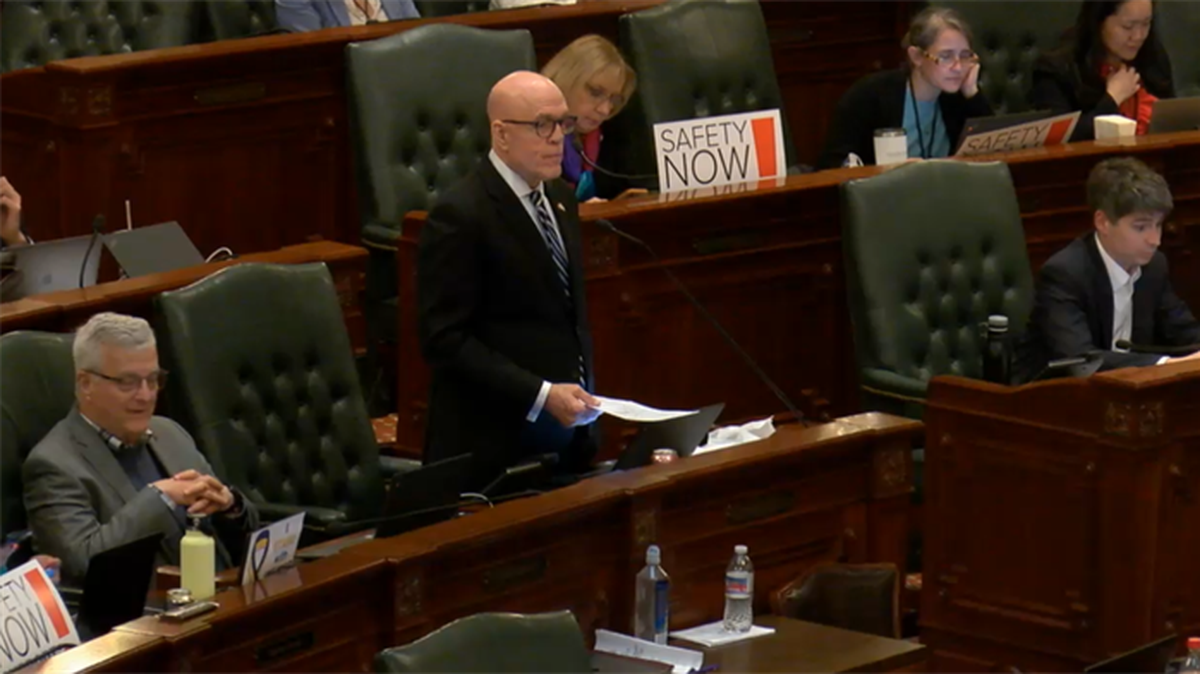 House Majority Leader Greg Harris speaks on the House floor Saturday morning before lawmakers approved the state’s Fiscal Year 2023 operating budget after 5 a.m.