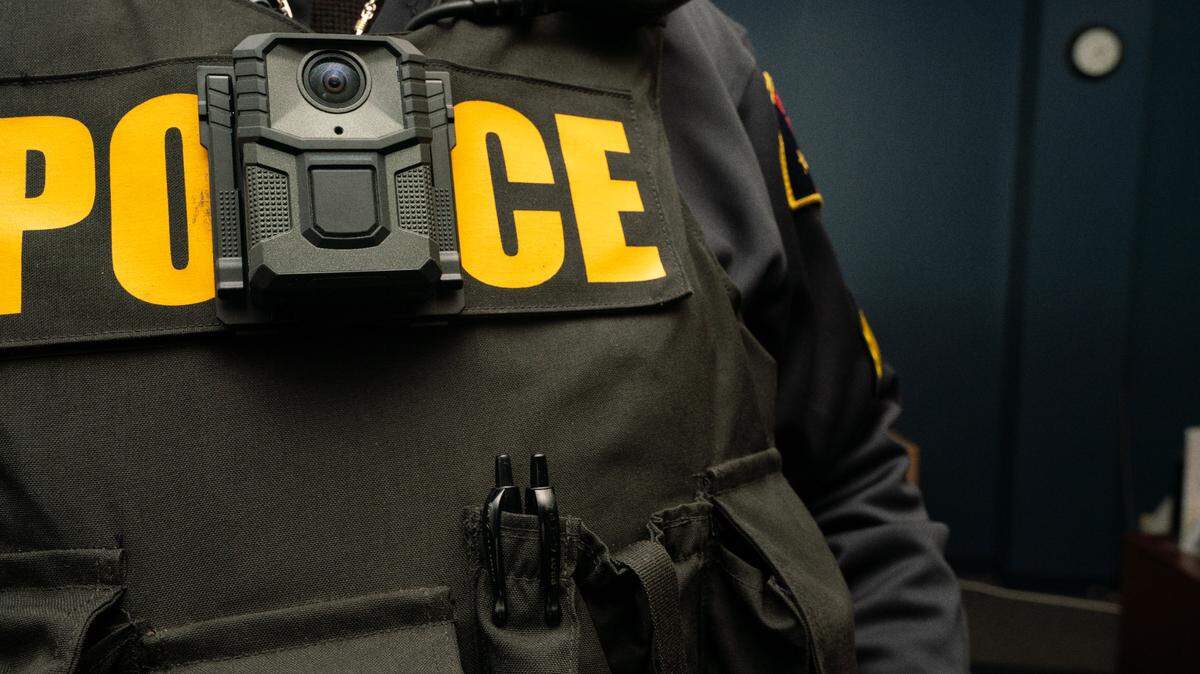 Body camera on the uniform of an East St. Louis police officer on Oct. 16, 2023.