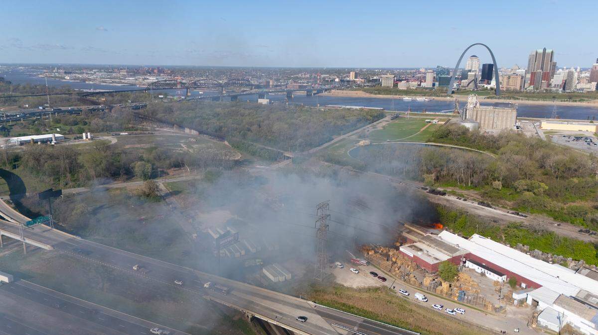 Drone photograph showing a fire at a pallet company in East St. Louis on Tuesday, April 15, 2025.