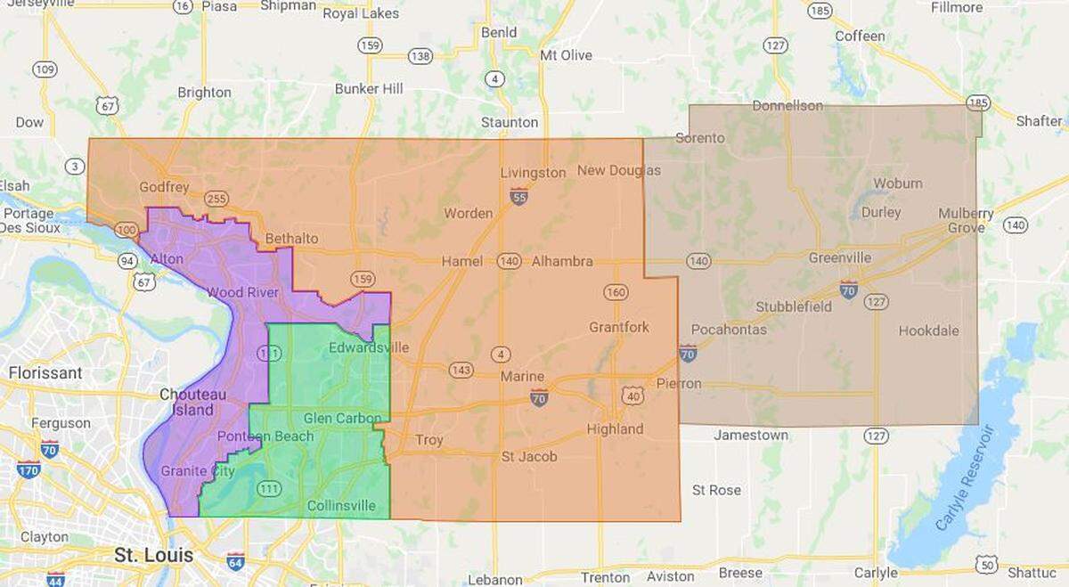 This map shows the new division of subcircuits in Madison and Bond counties.