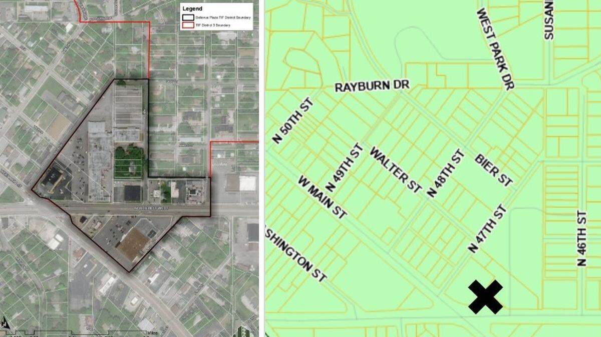 The map at left shows the boundary for a proposed tax-increment-financing district in Belleville that would include Bellevue Park Plaza at West Main Street and North Belt West.