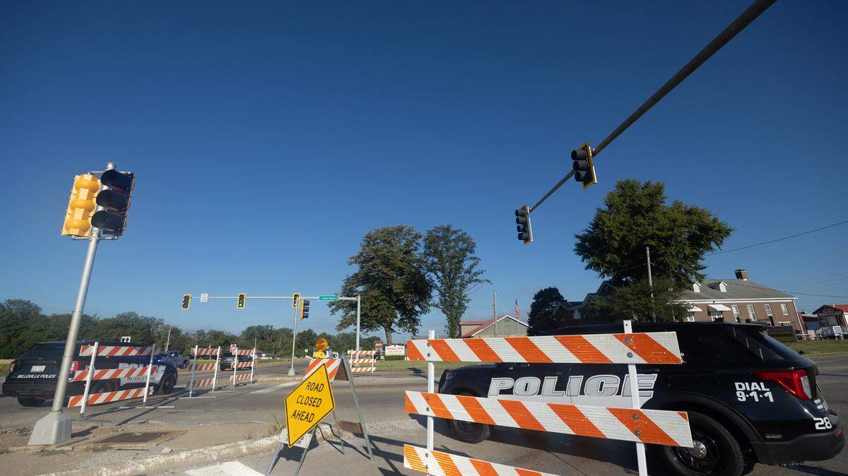 At the insection of South Green Mount Road and Illinois 15 in Belleville near Eckert’s, where the road was closed after a woman was fatally struck in a hit-and-run earlier Thursday morning.