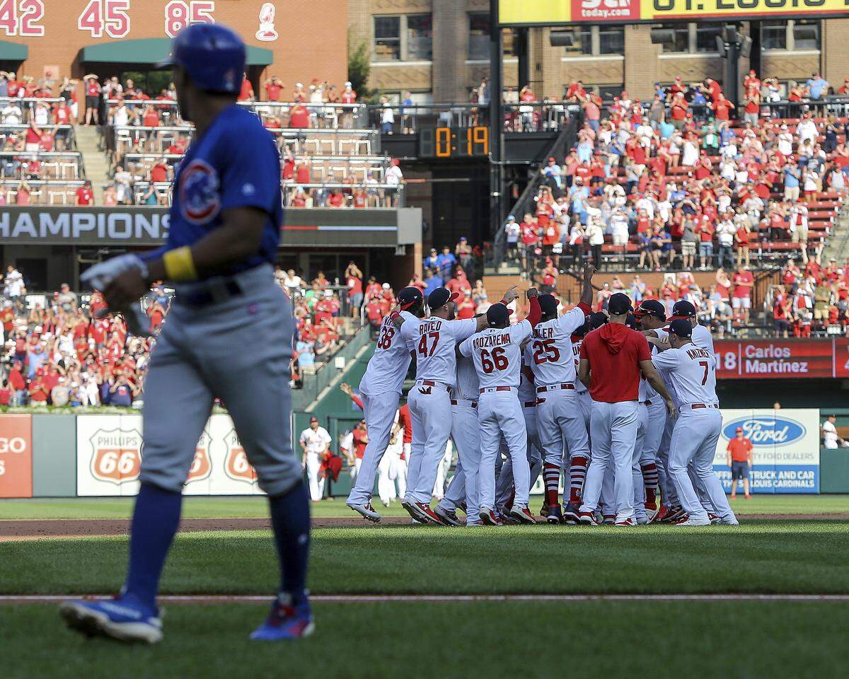Chicago Cubs’ Tony Kemp, left, walks back to the dugout as the St. Louis Cardinals celebrate their victory after a baseball game Sunday, Sept. 29, 2019, in St. Louis. The Cardinals clinched the NL Central on the final day of the regular season, to win their first division title since 2015 with a 9-0 victory over the Cubs. (AP Photo/Scott Kane)