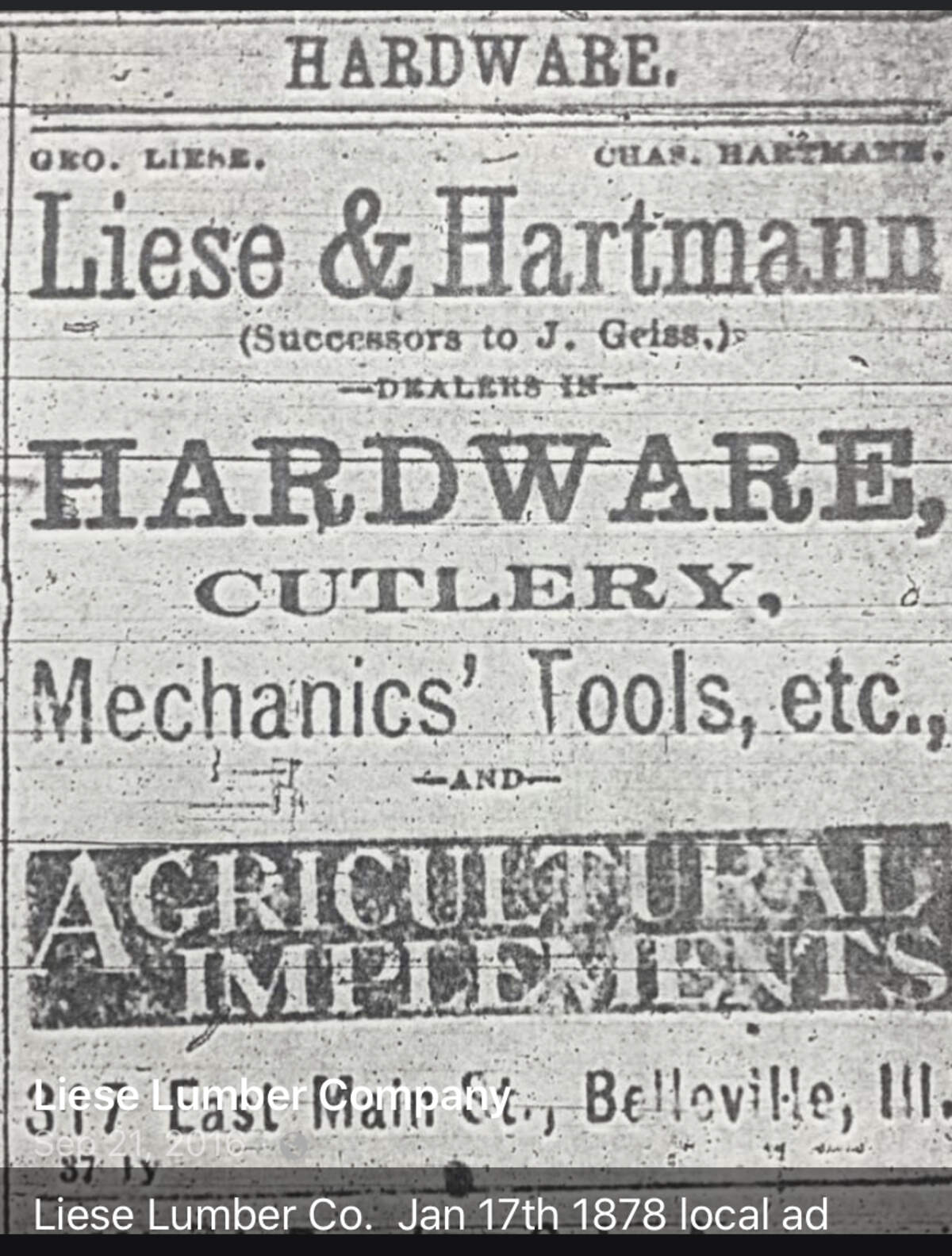 This is an 1878 classified ad for the Liese & Hartmann hardware store, which later became part of Liese Lumber Co. in Belleville.