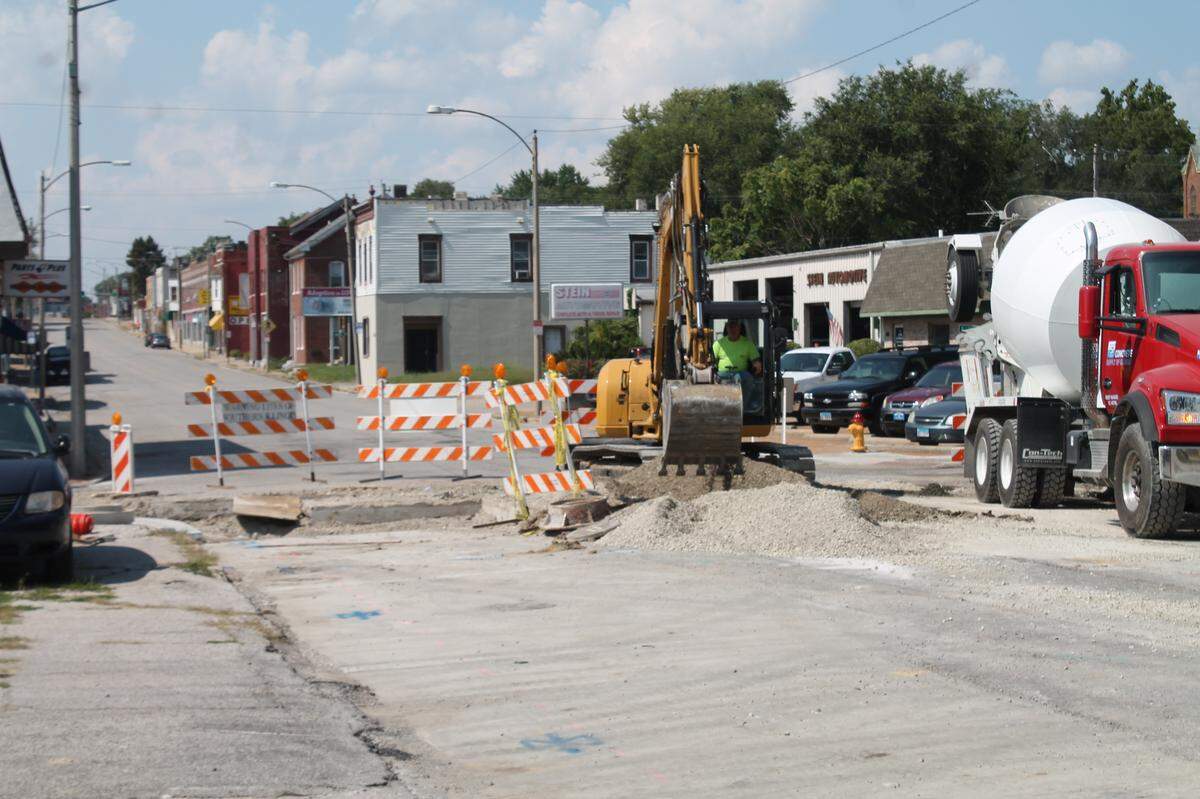 Crews work on the West Main Street project in Belleville. The first phase of sewer line and water main work is about finished in the section from Sixth to 12th streets. The streetscape work may begin next week.