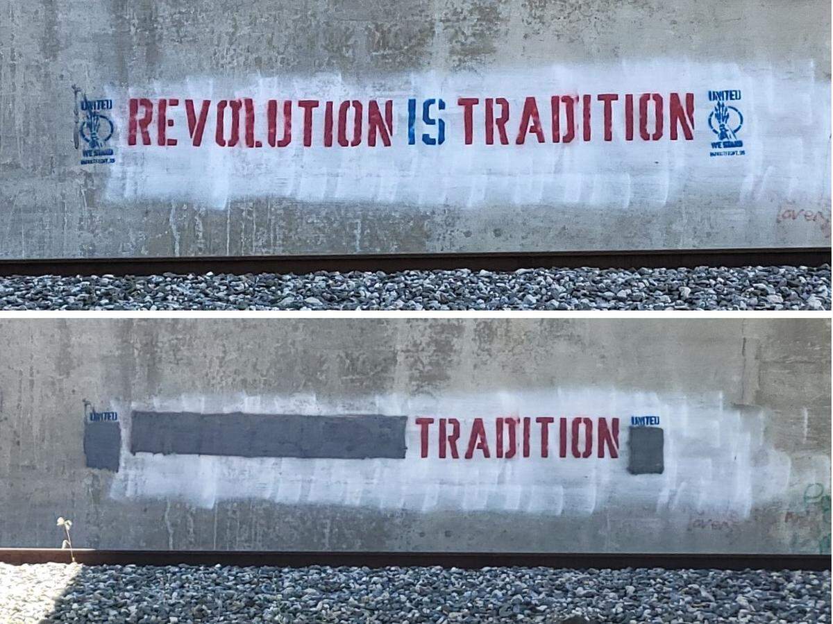 It’s believed that members of the white nationalist group Patriot Front stenciled and spray-painted graffiti, top, on a concrete base for an Interstate 270 overpass in Granite City. Illinois Department of Transportation workers covered some of it, leaving “TRADITION” and “UNITED.”