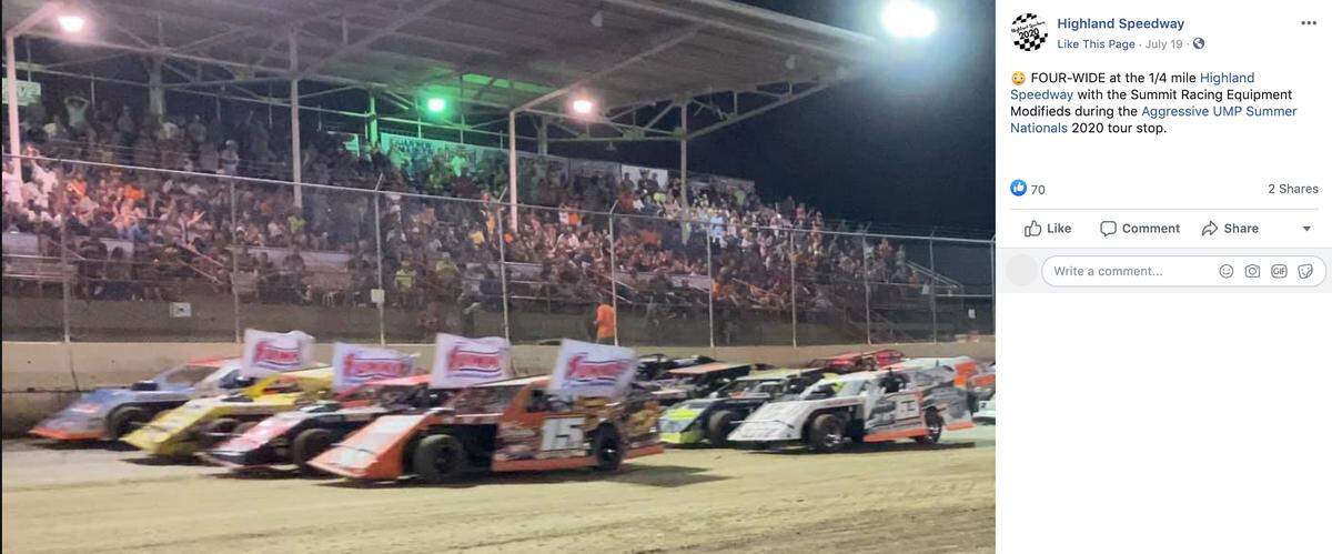 Highland Speedway, an auto racing track, shares a photo showing the track and stands on July 19.