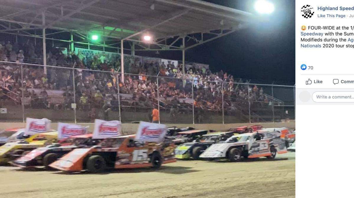 Highland Speedway, an auto racing track, shares a photo showing the track and stands on July 19.