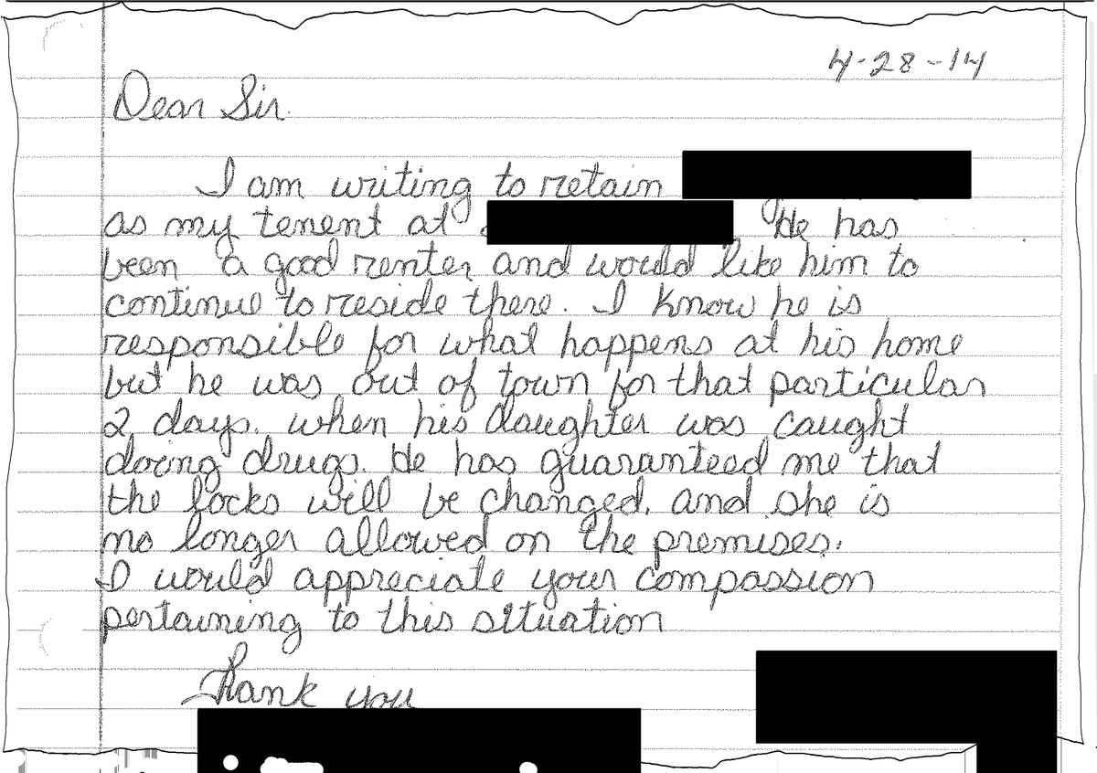 A man faced eviction in 2014 after his daughter was found with drugs. This is an excerpt of the letter his landlord wrote to the city to appeal the imminent eviction, explaining that he was offering to change the locks so his daughter couldn’t come back.