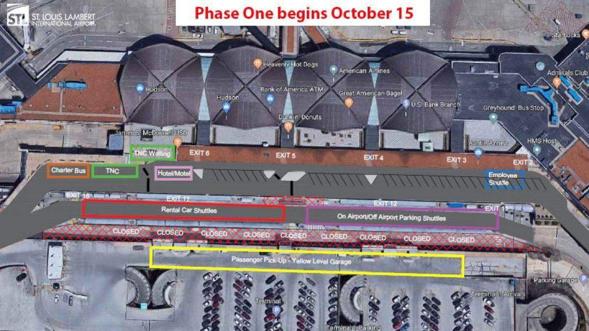 This map from St. Louis Lambert International Airport shows key areas outside Terminal 1 that will be affected by Phase I construction, which is set to begin Monday. Workers are resurfacing the roadway on the lower-level arrivals drive.