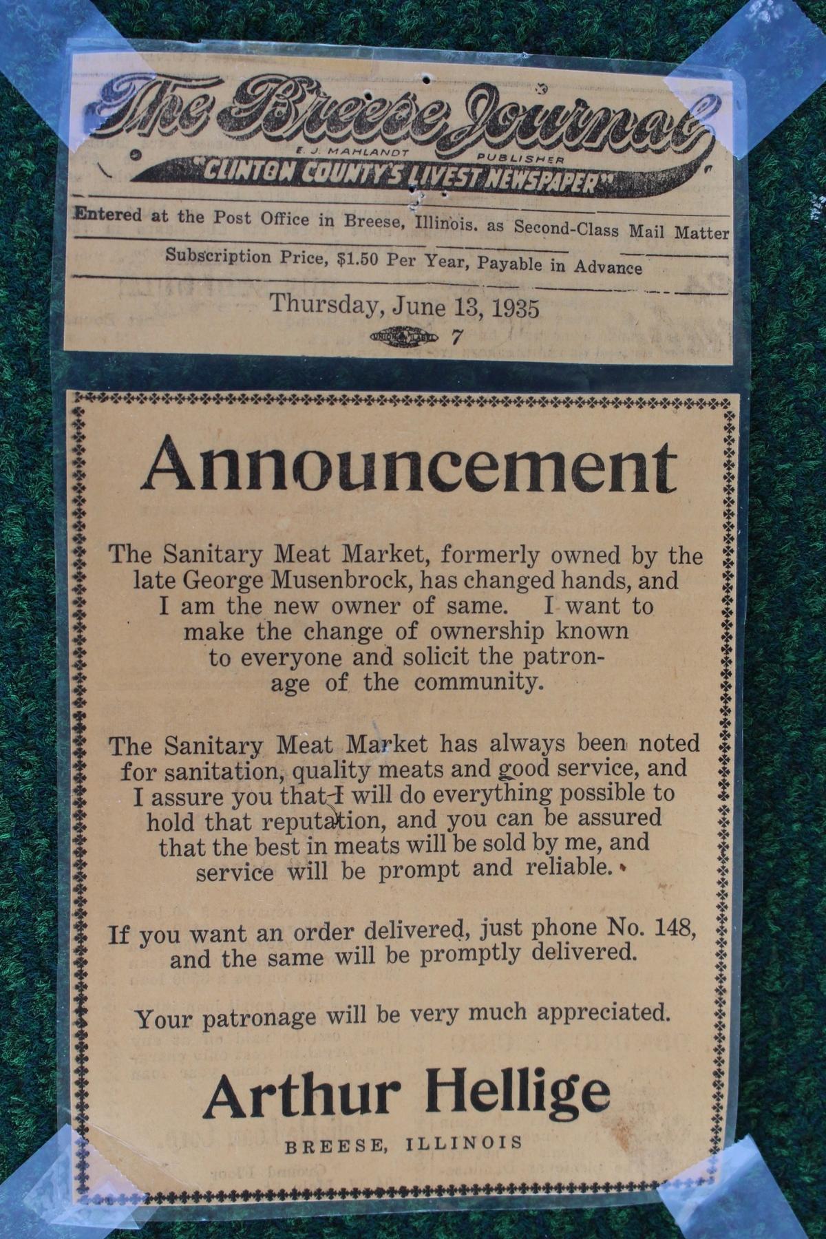 Arthur Hellige put this advertisement in The Breese Journal in 1935, when he bought the former Sanitary Meat Market. It’s now called Hellige’s Super Market & Lockers.