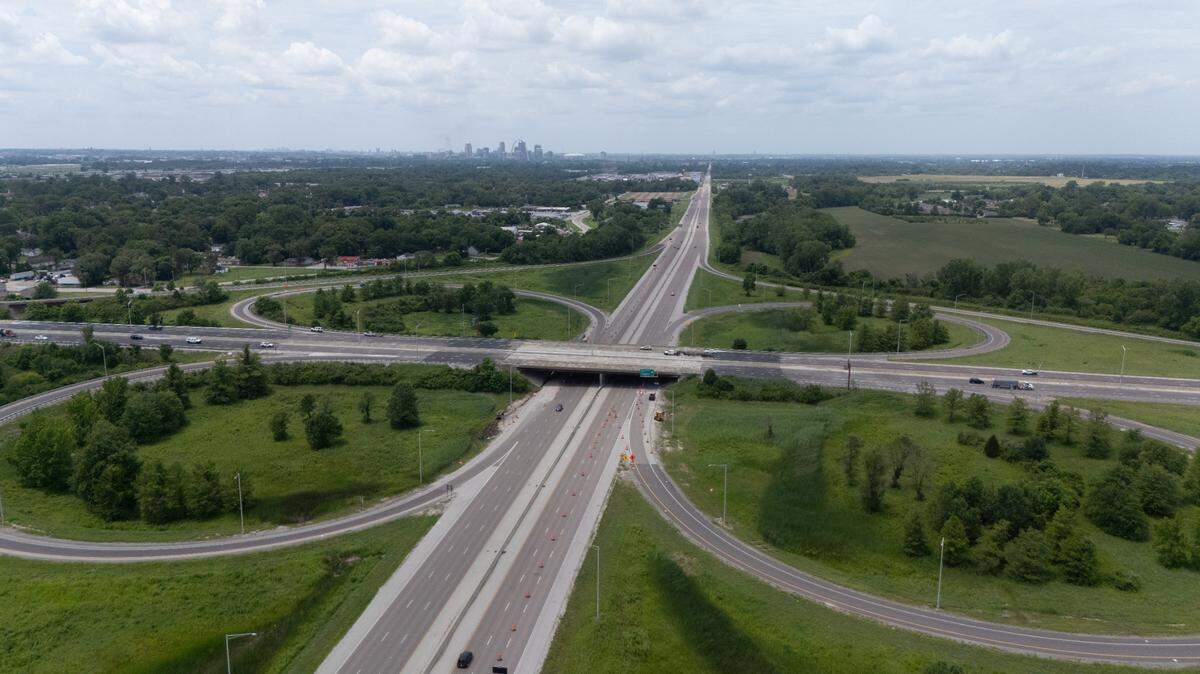 Drone photo showing Interstate 255, which was closed for over four months due to construction this year in St. Clair County.