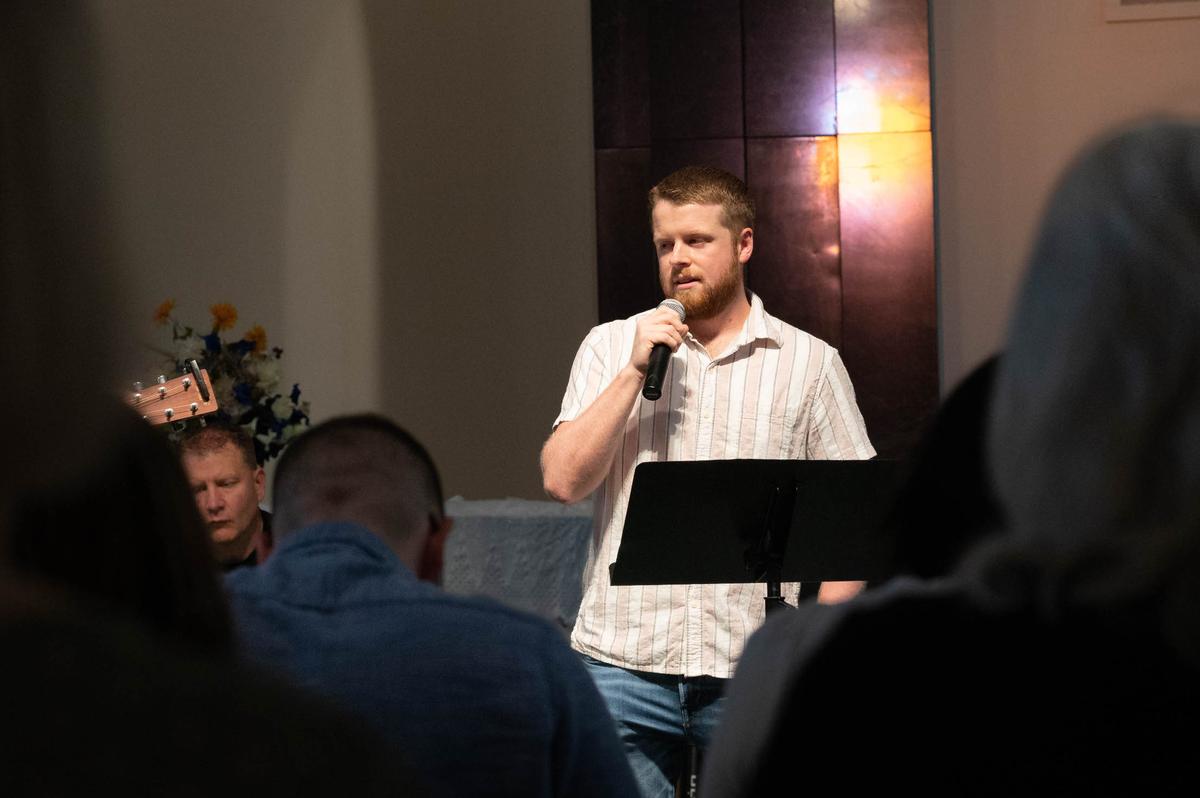 Brett Barton, Mercy’s Door Community Church pastor of gathered worship, speaks during a Touch of Faith service on Scott Air Force Base. The chaplain corps is looking to take the Touch of Faith Initiative Air Force-wide and the journey starts as leaders look for ways to support spiritual resiliency for Airmen across the service.