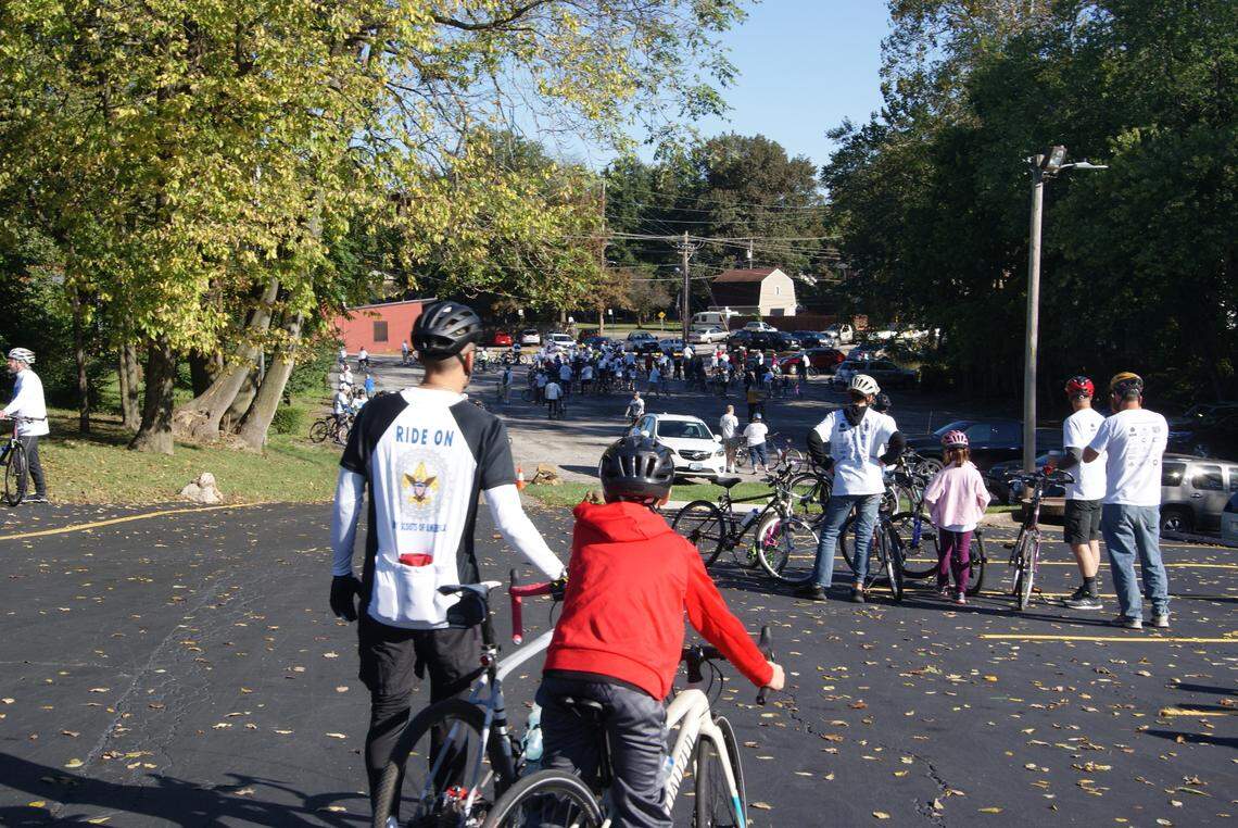 Tour de Belleville riders gather in the parking lot of Union United Methodist Church on Saturday before the event began.
