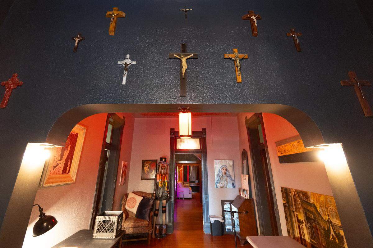 The nunnery keeps religious-themed decorum to pay homage to the space’s former use as a covenant. “We thought it would be cool to keep it kind of religious themed,” said owner Gabe Kimme, “we got a lot of this stuff from a friend who works in a Catholic school. They were getting rid of some stuff and we were like, ‘we’ll take it!’”