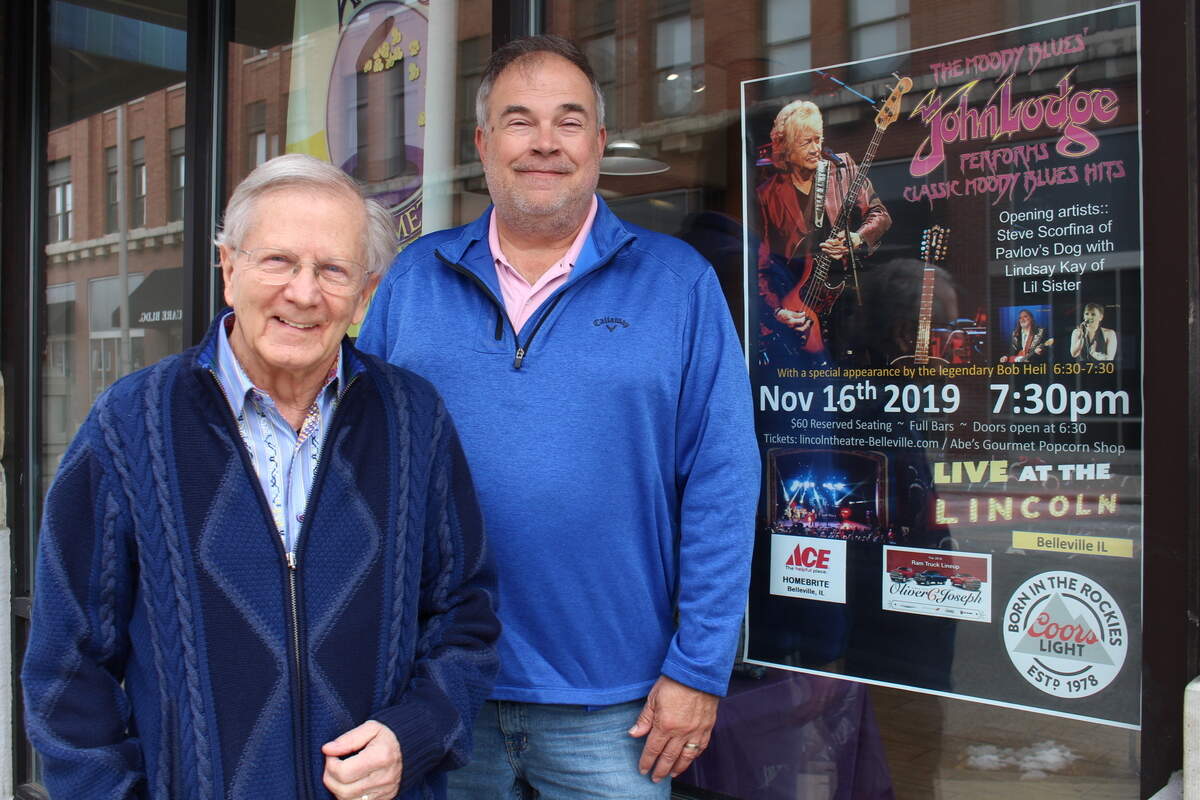 Heil Sound owner Bob Heil and Lincoln Theatre co-owner Dave Schoenborn team up to promote a concert by John Lodge, bass player, singer and songwriter for The Moody Blues, on Saturday in Belleville.