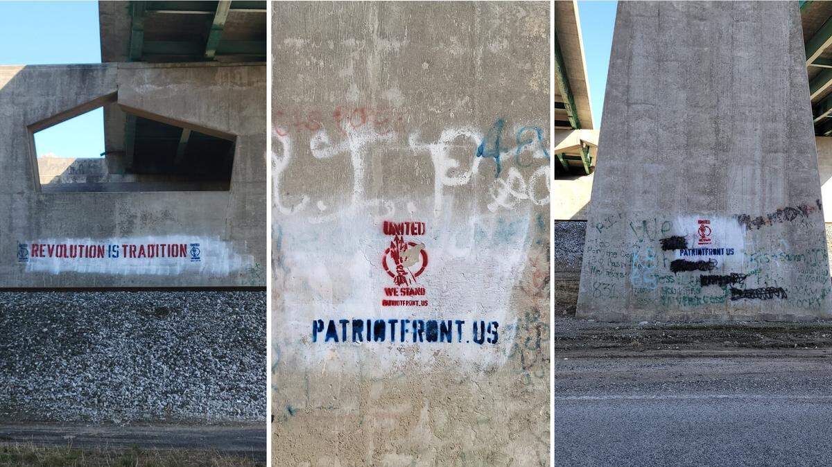 These stenciled, spray-painted words on concrete bases for the Interstate 270 bridge over St. Thomas Road on the northern edge of Granite City, east of the highway’s intersection with Illinois 3, are typical of Patriot Front graffiti.