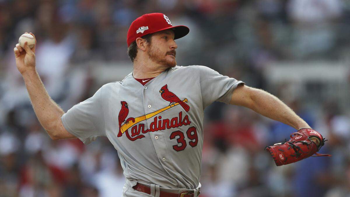 St. Louis Cardinals starting pitcher Miles Mikolas works in the first inning during Game 1 of a best-of-five National League Division Series against the Atlanta Braves in 2019. Mikolas and his teammates are back in Jupiter for 2023 spring training. He’s tweaking his pitches and surprising teammates.