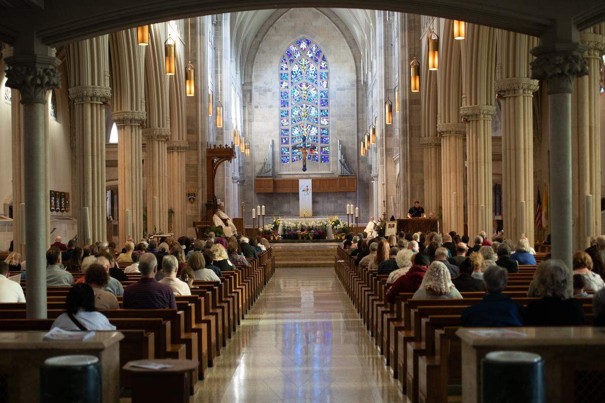 Looking down the aisle towards the alter of Cathedral of Saint Peter in Belleville, where buried beneath are the remnants of “several early martyrs,” according to Rev. Montsignor John Myler.