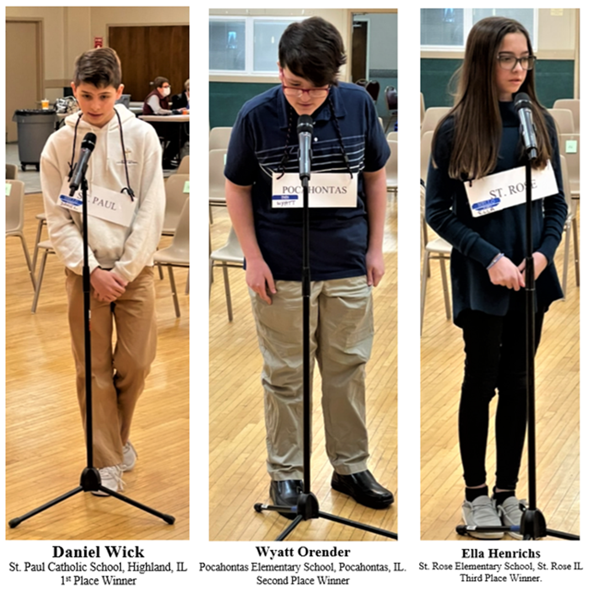 The Knights of Columbus, Highland Council 1580, held its 40th Annual Spelling Bee Championship at their facilities on Illinois 143 in Highland on Saturday, Feb. 6. Pictured are event emcee John Genteman with the winners, from left, Daniel Wick from St. Paul Catholic School, first place; Wyatt Orender from Pocahontas Elementary School, second place; and Ella Henrichs from St. Rose Elementary School, third place.