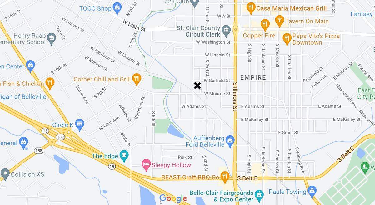 An X marks the location of a brick office building on West Garfield Street that St. Elizabeth’s Hospital in O’Fallon is donating to the Catholic Diocese of Belleville in downtown Belleville.
