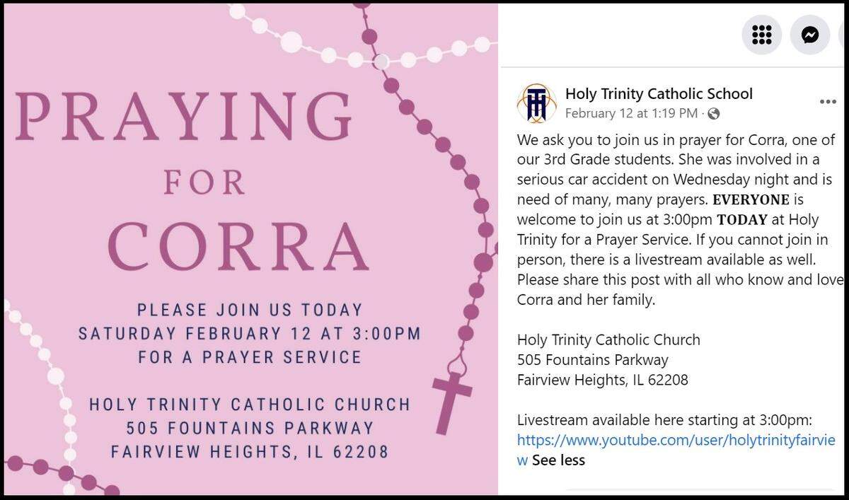 The Facebook page of Holy Trinity Catholic Church in Fairview Heights announces a prayer service for Corra Mahoney on Saturday.
