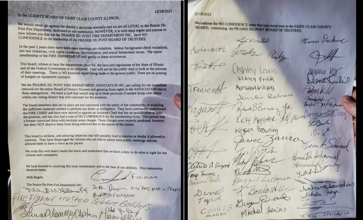 Firefighters with Prairie Du Pont Fire District signed this “no confidence” letter to the St. Clair County Board, asking it to remove all three members of the Prairie Du Pont Board of Trustees.