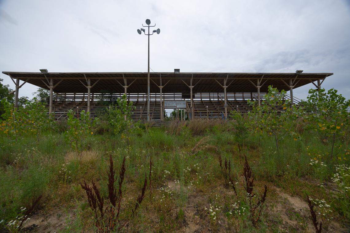 Old grandstands at the Belle-Clair Speedway racetrack, pictured here on Nov. 25, 2024, will soon be demolished.