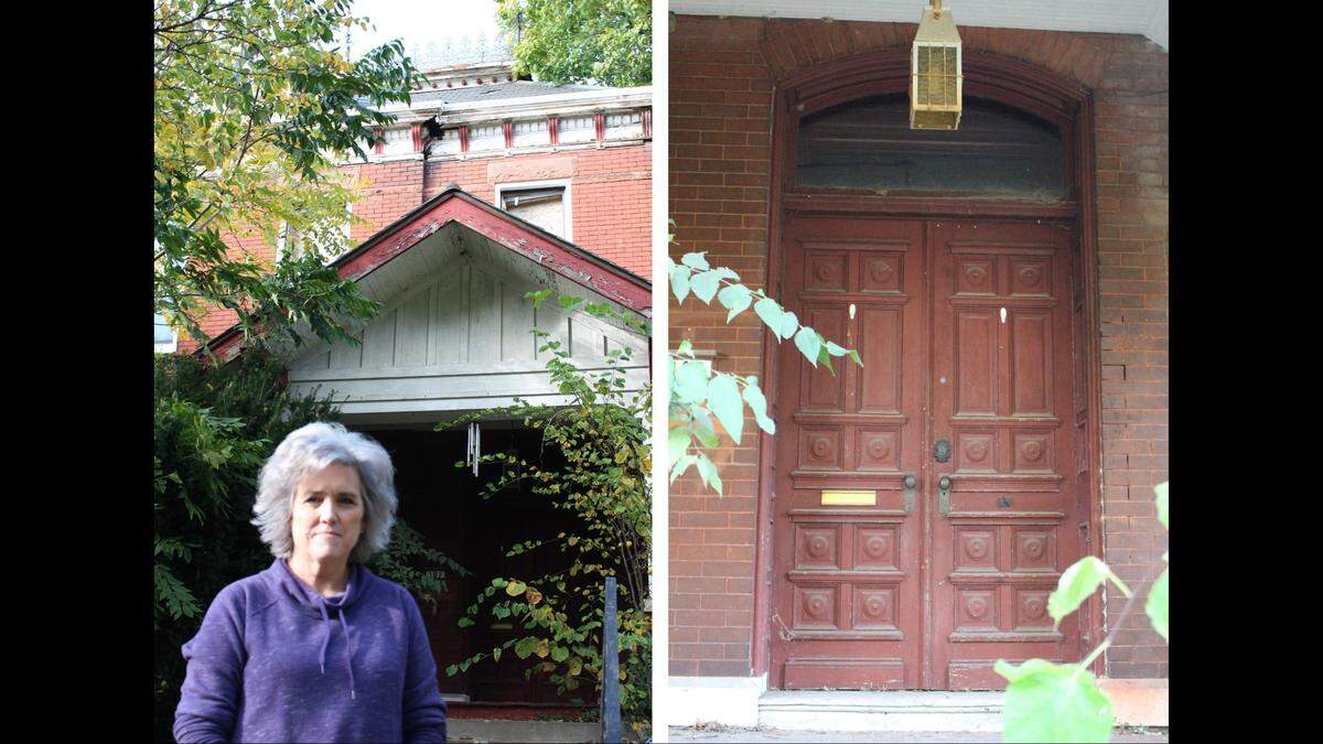 Mary Lee Poole was disappointed to hear that her childhood home at 107 E. D St. in Belleville will be demolished. Its massive front doors are shown at right.