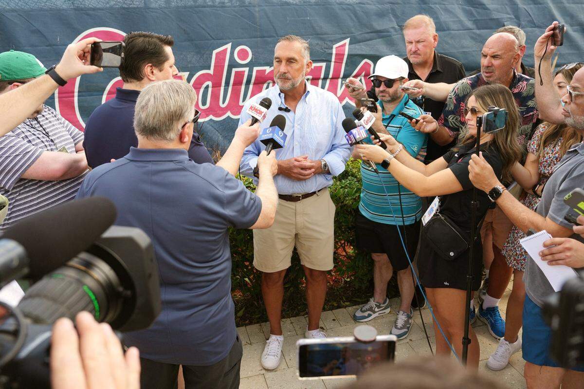Feb 12, 2025; Jupiter, FL, USA;  St. Louis Cardinals president of baseball operations John Mozeliak takes questions from the media on the day pitchers and catchers report to Spring Training. Mandatory Credit: Jim Rassol-Imagn Images