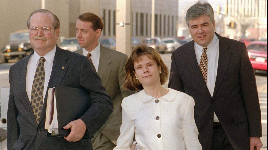 Amy St. Eve, a Belleville native, is seen in this 1996 photo taken during the trial of Arkansas Gov. Jim Guy Tucker. St. Eve was second chair in the prosecution.