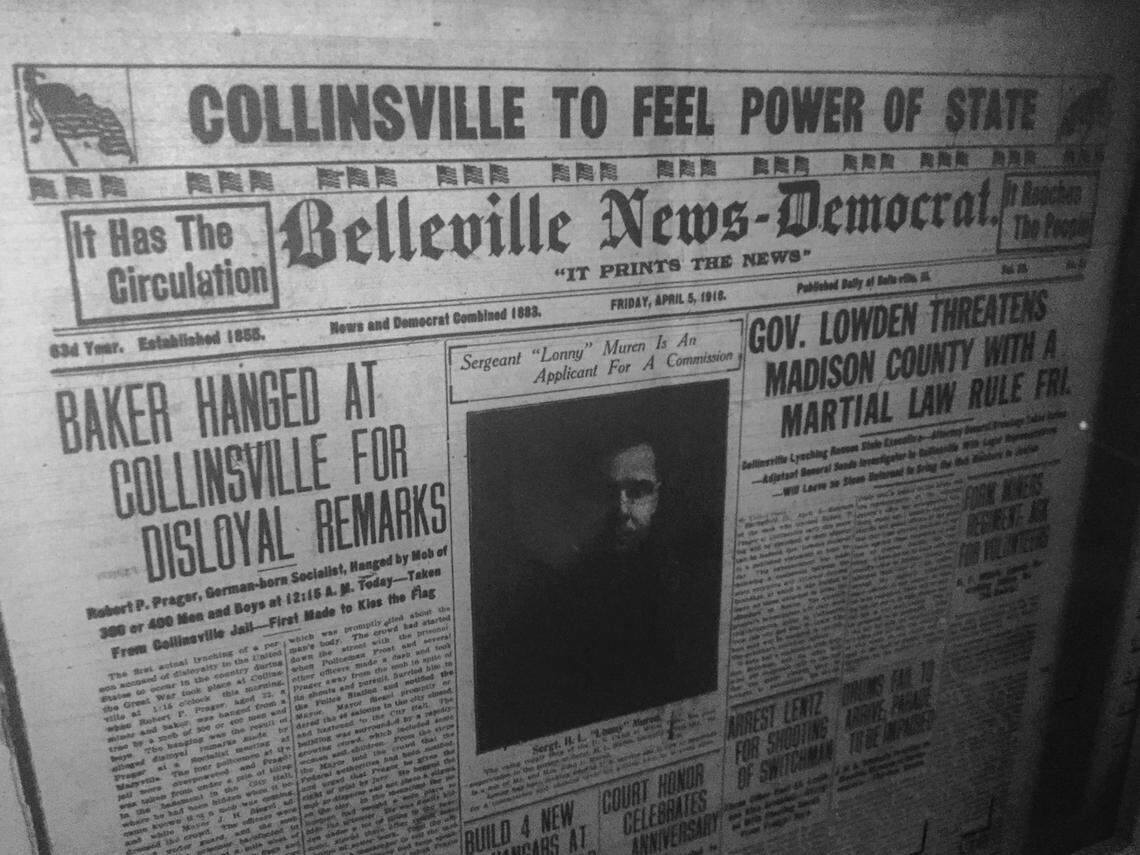 The lynching of Robert Prager made the front page of the Belleville News-Democrat on April 5, 1918.