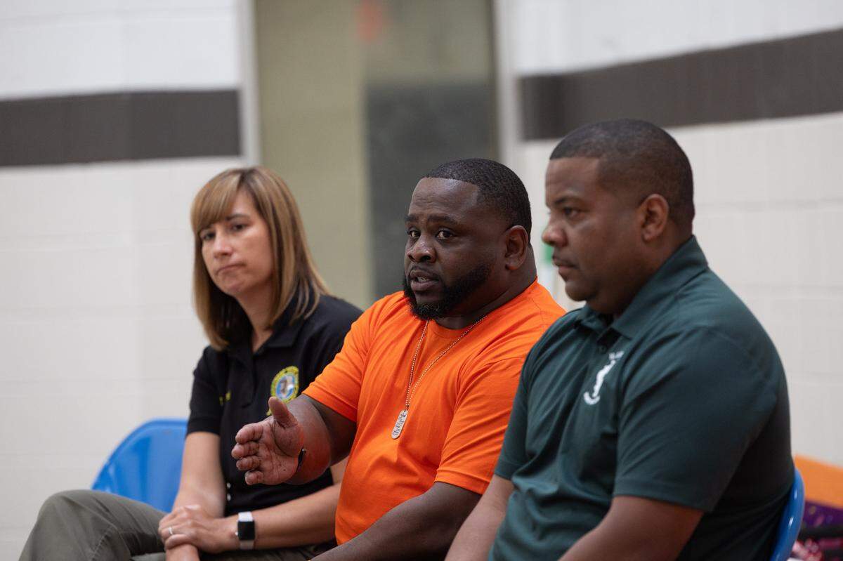 Members of state and local police join in a panel during an event hosted by Moms Demand Action, a national nonprofit dedicated to ending gun violence.