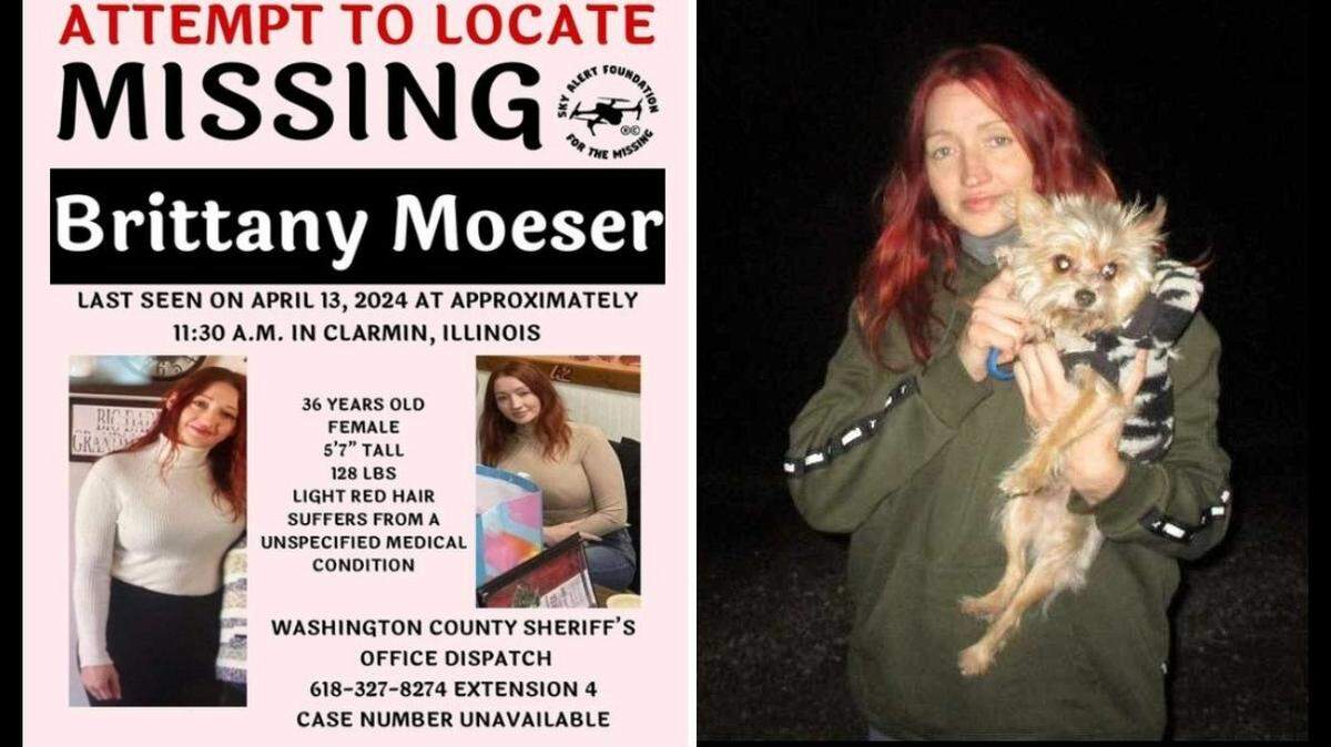 A missing-person flyer, left, asks for the public’s help in finding Brittany Moeser, who disappeared from her mother’s home in Clarmin, near Marissa, on April 13. The case is still under investigation.
