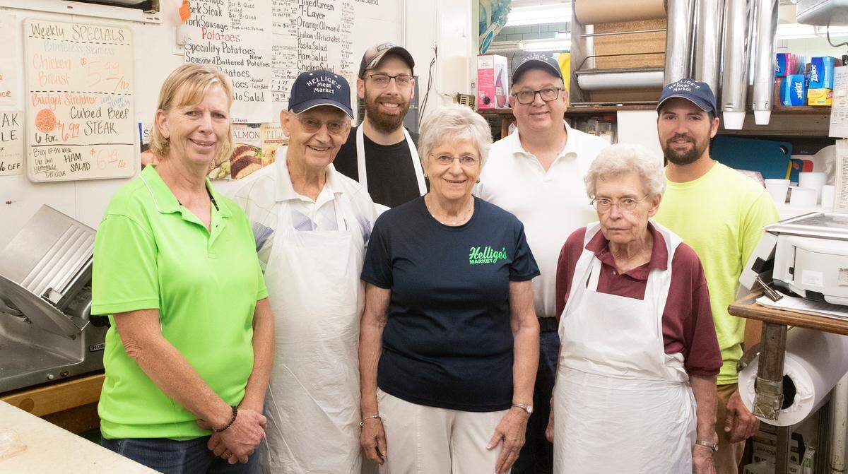 The crew at Hellige’s Super Market & Lockers in Breese on the store’s last day includes, left to right, Mary Kay Langenhorst, Rich Hellige, Matt Hellige, Peggy Hellige, Steve Hellige, Mary Ellen Huelsmann and Ryan Sherman.