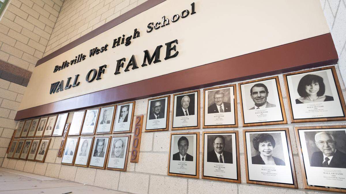 Belleville West’s Wall of Fame, located in the entry hallway to the building, shows previous Maroons of note who call the school their alma mater.