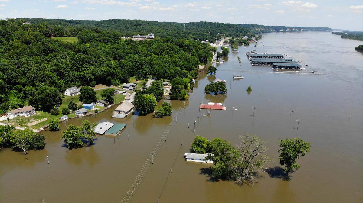 The Illinois River as it crested in the flooded town of Grafton, just north of the confluence of the Illinois and Mississippi rivers.