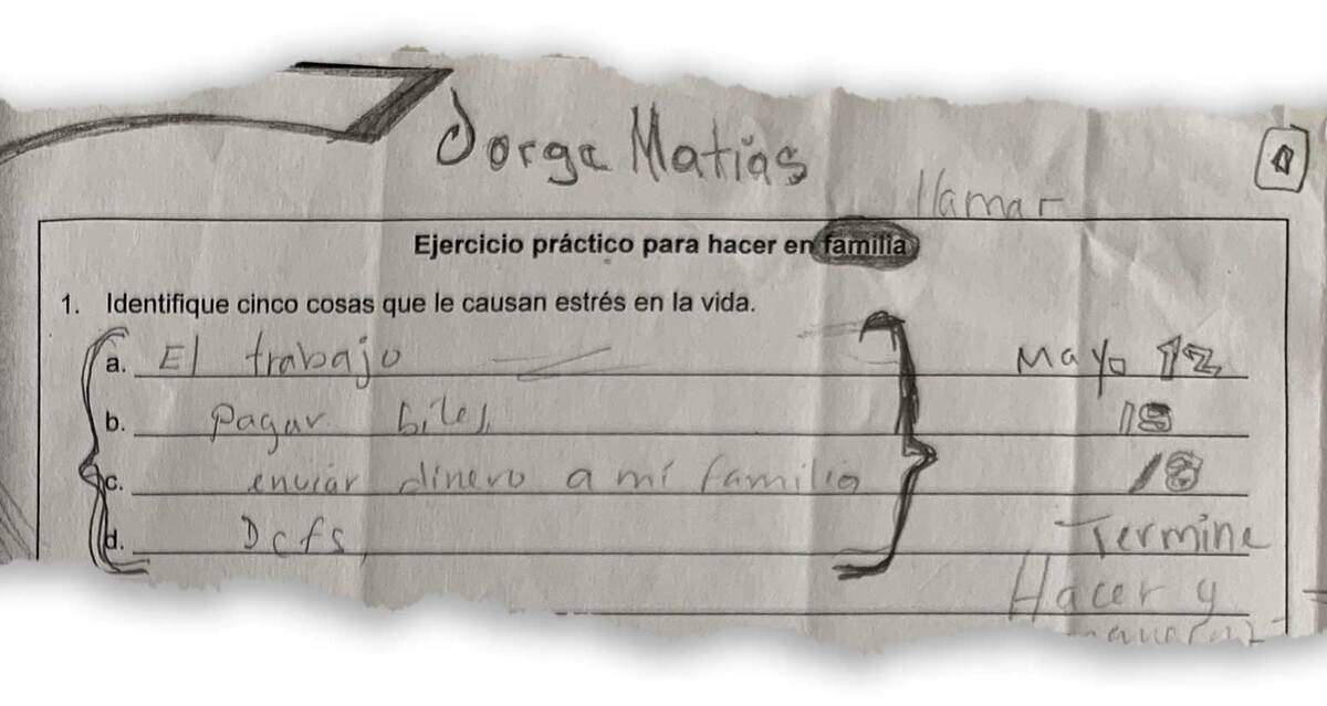 Jorge Matias took parenting classes to try to get custody of his children. In this Spanish-language workbook, he was asked to identify the causes of stress in his life. He wrote: “Work, paying the bills, sending money to my family, DCFS.”