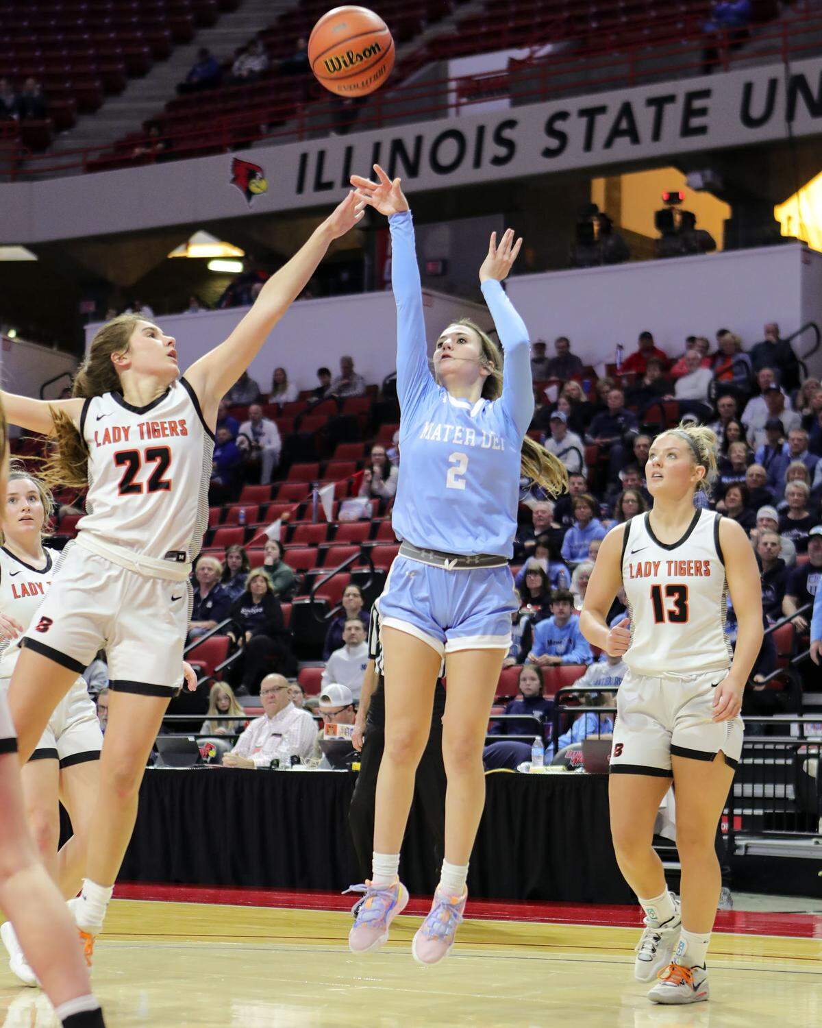 Mater Dei’s Avery Trame takes a shot during Saturday’s IHSA Class 2A state championship game at CEFCU Arena (formerly Redbird Arena) on the campus of Illinois State University. Mater Dei ultimately prevailed 62-46 to claim the state title.