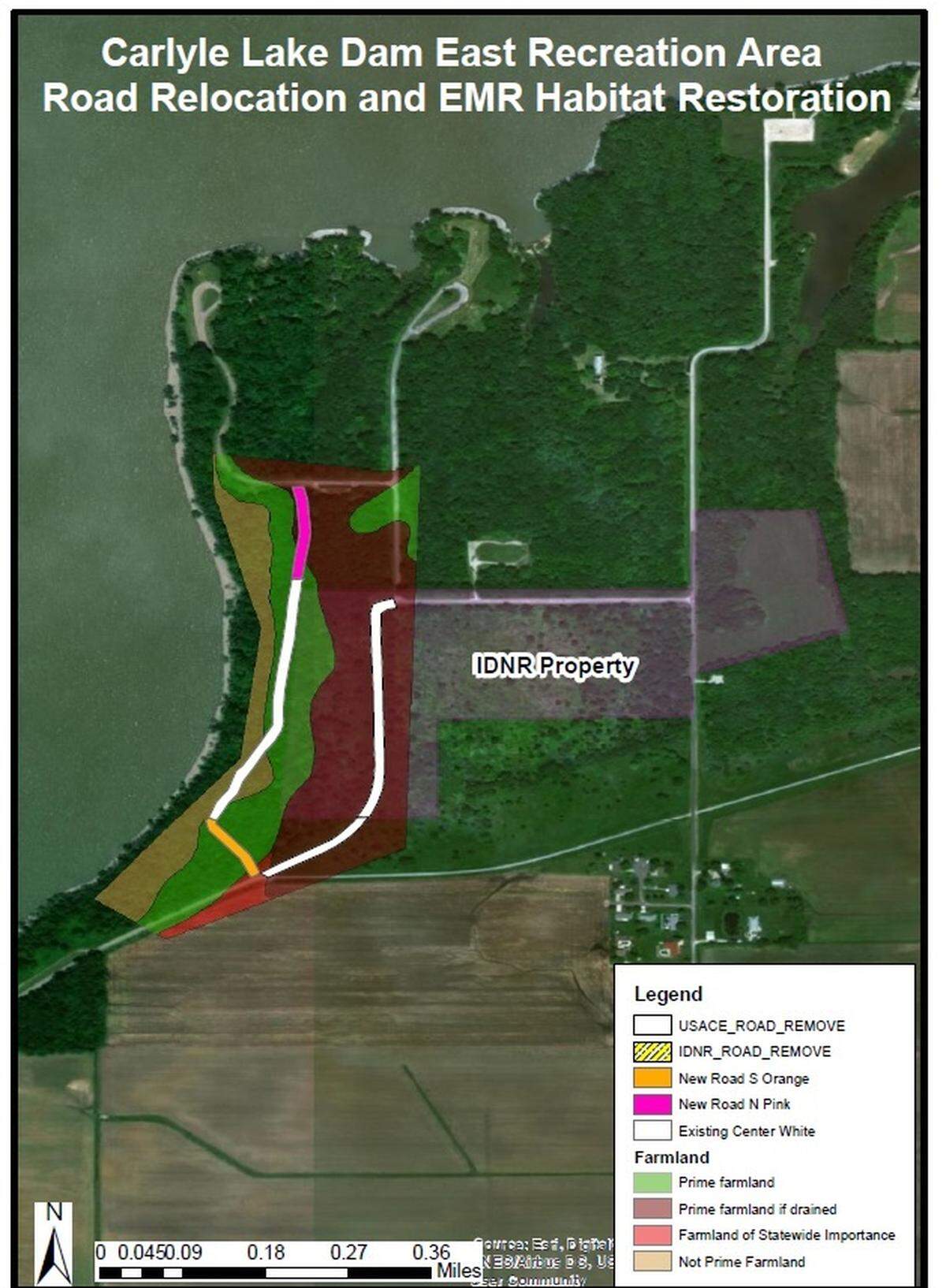 This screenshot shows a map of where the current road would be relocated near Carlyle Lake.