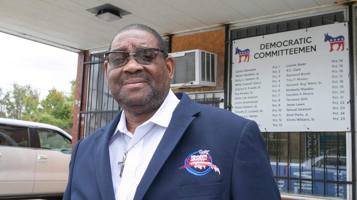 Frank Smith, chairman of the East St. Louis Democratic committee, stands outside the East St. Louis Democratic Central Committee office.