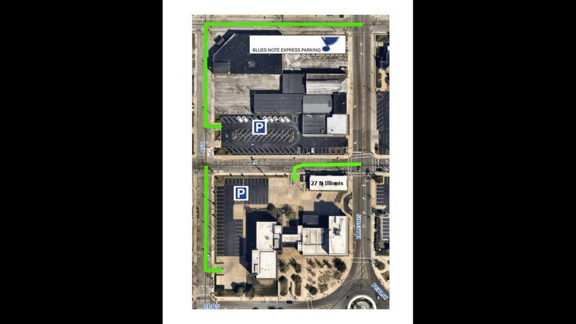 This map shows where you can park when you take The Blue Note Express in downtown Belleville.