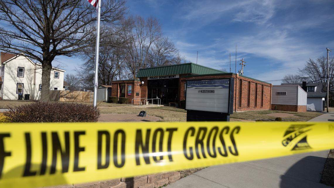 At the scene of a shooting that happened directly across from a police station along Dupo, Ill.’s N. Second St. on Feb. 3, 2025.