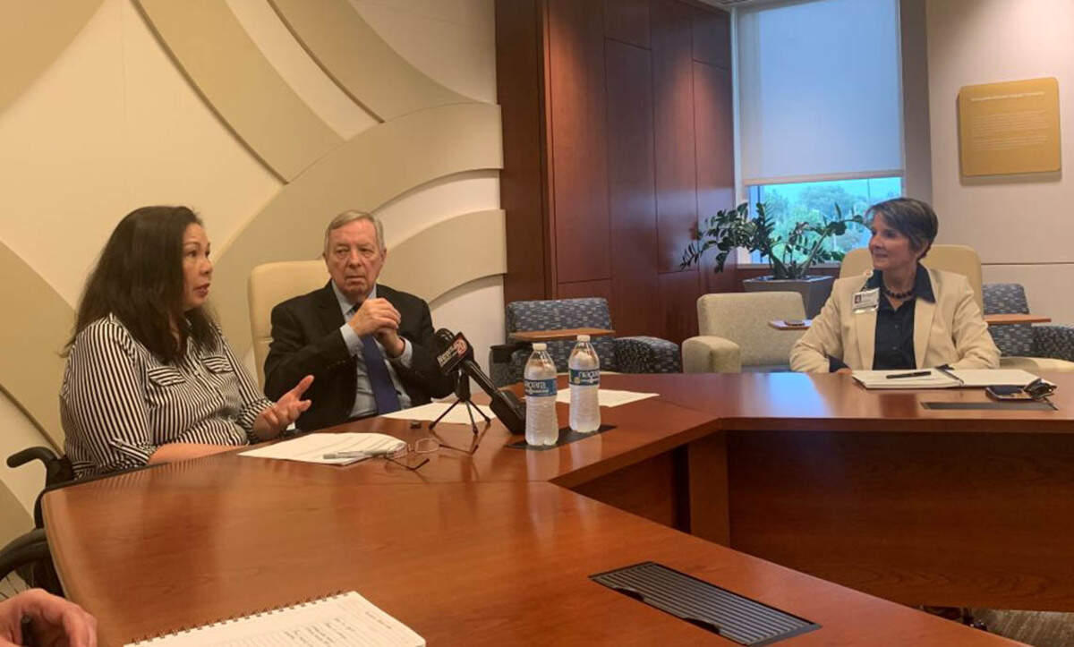 Sen. Tammy Duckworth, left, and Sen. Dick Durbin, center, meet with Springfield-area hospital leaders at Springfield Memorial Hospital on Tuesday, Aug. 12, 2025.