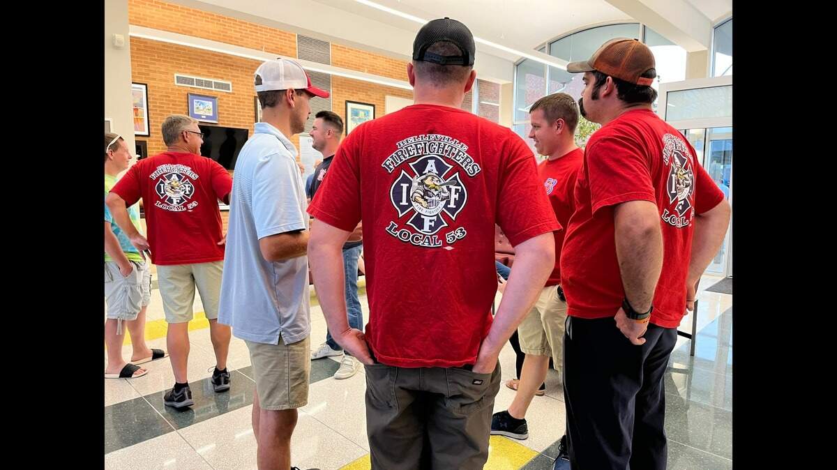 Belleville City Council voted Monday night to raise the city’s property-tax levy, in part to fund pensions for firefighters, shown gathered at City Hall in June.