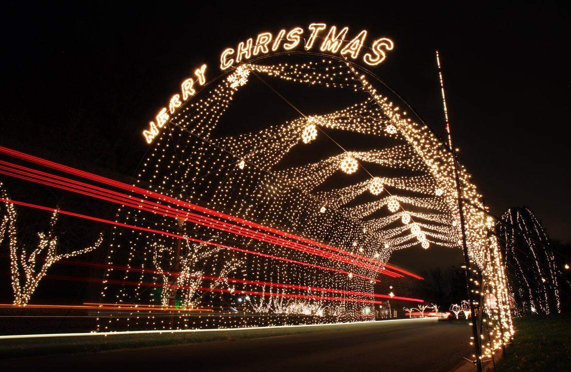 Tail lights streak through one of the first displays at the The Way of Lights. The display opens Friday and continues nightly from 5 p.m. to 9 p.m. through Jan. 1. The 1.5-mile drive through scriptural Journey to Bethlehem features over one million lights, electro-art displays, and life-size biblical statues.
