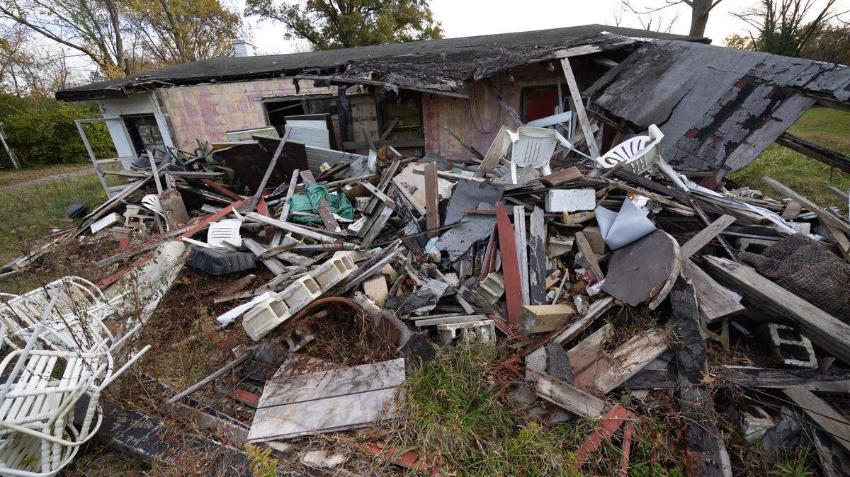 The former George E. Hilgard American Legion Post 58 in rural Freeburg is littered with derelict buildings that have been ransacked by squatters. It is pictured here in late 2024.